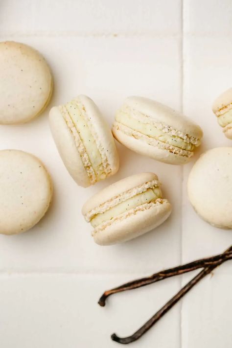 Vanilla Bean Macarons Recipe, French Vanilla Macarons, Vanilla Bean Ganache Recipe, Vanilla Bean Whipped Ganache, Whipped Vanilla Bean Ganache, Vanilla Ganache Recipe, Vanilla Macaroons Recipe, Vanilla Macarons Recipe, Vanilla Macaron Recipe