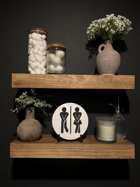 This cute bathroom sign is perfect for any bathroom. It makes the perfect accent sign for your bath decor. It will Include a handmade wood easel like pictured. Sign measures 7x7 and is made out of 1/4 wood to make this sign sturdy. Sign is laser cut and spray painted, indoor use only. listing is only for white round sign, no other decor included.
#BathroomDecor #BathroomInspiration #BathroomDesign #BathroomIdeas Simple Modern Bathroom Decor, Small Powder Bathroom Ideas Farmhouse, Half Bathroom Decor Ideas Small Modern, Half Guest Bathroom Ideas, Half Bath Accessories, Modern Farm Bathroom Ideas, Black And White And Wood Bathroom, Modern Farmhouse Bathroom Decor Ideas, Top Of Toilet Decor Ideas