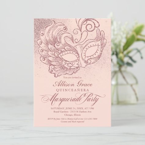 Quinceanera Masquerade Invitation Pink Rose Gold Quinceanera Masquerade, Sweet 16 Masquerade Party, Masquerade Party Mask, Masquerade Invitations, Masquerade Party Invitations, Rose Gold Invitations, Sweet Sixteen Invitations, 80th Birthday Party, Quinceanera Party