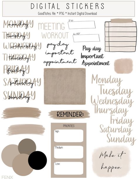 Handmade Pre-Cropped Digital Stickers Bundle for Goodnotes | PNG | Weekdays |  weeklyfinancialplanner #healthplanner Neutral Stickers Aesthetic, Good Notes Calander, Planner Aesthetic Stickers, Cute Stickers For Planner, Aesthetic Stickers Goodnotes, Digital Bujo Stickers, Aesthetic Goodnotes Stickers Free, Goodnotes Planner Cover Aesthetic, Neutral Planner Aesthetic