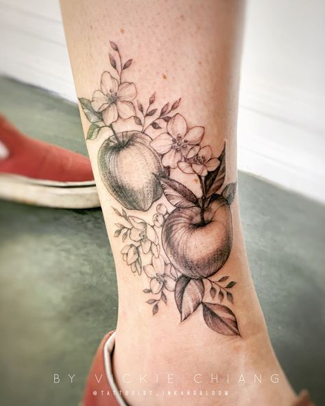 Vickie Chiang on Instagram: “Apples and Apple Blossom tattoo 🍎 #appletattoo #fruittattoo  #inked #tattoos #blacktattoo #appleblossom #floraltattoo #tattoo…” Apple Tree Branch Tattoo, Apple Blossom Tattoo Black And White, Crab Apple Tattoo, Apple Branch Tattoo, Apple Flower Tattoo, Orchard Tattoo, Apple Tattoo Design, Apple Tattoo Ideas, Apple Tree Tattoo