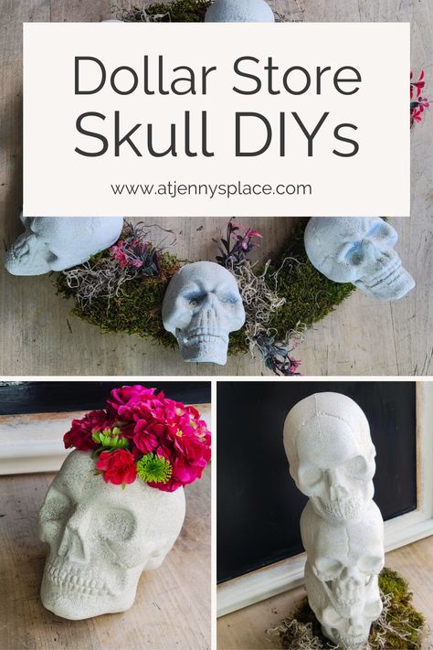 Skelton House Decor, Dollar Tree Foam Skull Crafts, Dollar Tree Foam Skull Diy, Dollar Tree Halloween Skull Decor, Dollar Tree Halloween Front Porch Decor, Decorating Skulls Ideas, Skull Themed Birthday Party, Mini Skulls Decor, Skull Centerpiece Halloween