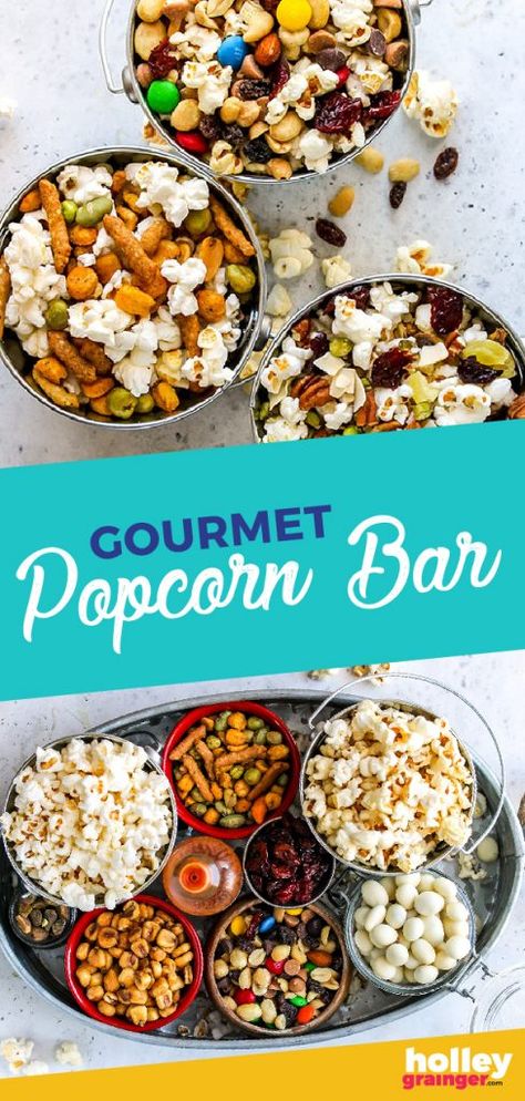 Popcorn Salad Sweet, Gourmet Popcorn Bar, Savory Popcorn, Party Food Bars, Soda Bar, Waffle Bar, Food Bars, Popcorn Snacks, Popcorn Party