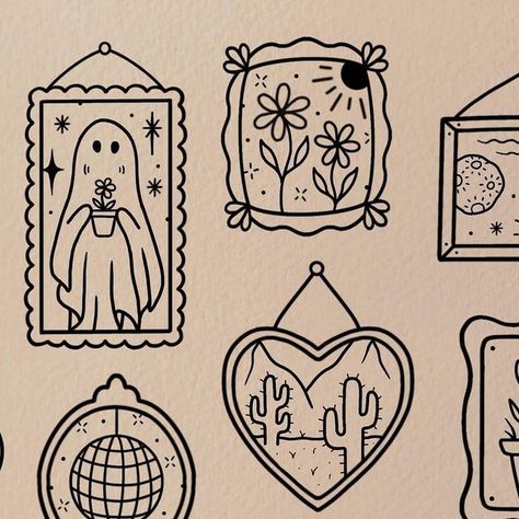 Cute Designs For Tattoos, 2”x2” Tattoos, Groovy Flash Tattoo, Fun Flash Tattoo, Cute Drawing Tattoo, Cute Designs To Draw Easy, Gallery Wall Tattoo, Fine Line Halloween Tattoo, Fun Little Tattoos