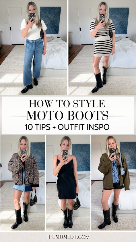 I'm particularly excited about the moto boot trend this Fall, so I've been putting my selected pair to the FULL test. I've tried them on at home with tons of looks and I'm wearing them around the city daily. Click through to the blog to find out what I've learned! | #TheMomEdit #FashionBlog #StylingTips #MotoBoots #FallOutfits #FallOutfitIdeas #FallStyle #Ootd #Reformation Skirt And Biker Boots Outfit, How To Wear Moto Boots, Styling Moto Boots, Outfits With Biker Boots, How To Style Moto Boots, Black Moto Boots Outfit, Motto Boots Outfits, Moto Boots Outfit Fall, Moto Boots Outfit