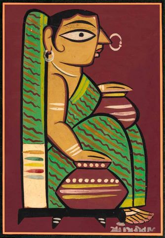 Woman With Water Pots - Jamini Roy - Bengal Art Painting by Jamini Roy | Buy Posters, Frames, Canvas & Digital Art Prints | Small, Compact, Medium and Large Variants Jaimini Roy Paintings, Kalighat Paintings Jamini Roy, Jamini Roy Art, Paintings For Small Canvas, Jamini Roy Paintings Easy, Jamini Roy Paintings Folk Art, Bengali Art Paintings, Jamini Roy Paintings, Indian Folk Art Painting