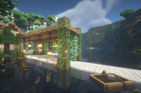 House On Top Of Water Minecraft, Cute Minecraft Lake Builds, Minecraft Dock Cottagecore, Boating Dock Minecraft, Waterfront House Minecraft, Mc Cottagecore House, Minecraft House Above Water, Boat Dock Ideas Minecraft, Minecraft Dock Aesthetic