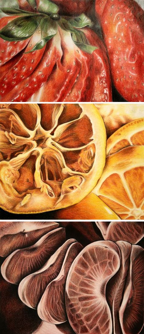 coloured pencil fruit drawings Surfaces Art, Natural Forms Gcse, Microscope Images, Fruit Drawing, Fruit Artwork, Ap Drawing, Colored Pencil Drawings, Natural Form Art, High School Art Projects