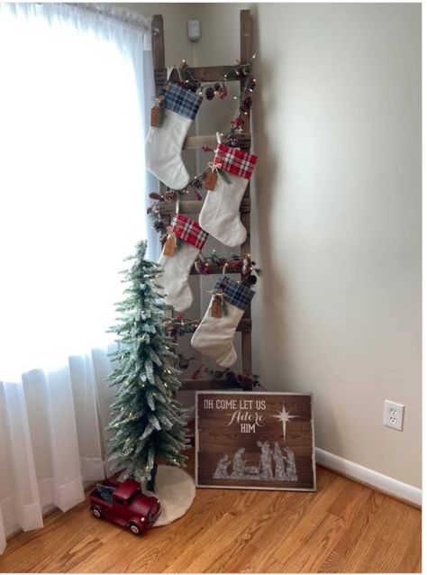 Stockings Hung On Ladder, Christmas Chest Decorations, Blanket Ladder Christmas Stocking, Stocking Mantle Decor, Stocking On Ladder, Christmas Stocking Hanging Ideas With No Mantle, Stockings On Ladder Christmas, Christmas Blanket Ladder Decor, Diy Stocking Holder For Wall