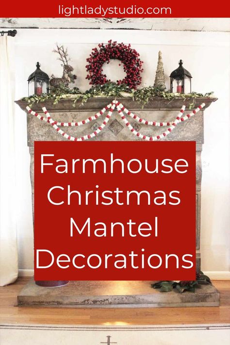 Christmas fireplace with fire in it decorated for Christmas with the caption Farmhouse Christmas Mantel Decorations Holiday Mantels Christmas, Farmhouse Christmas Mantel Decor, Small Mantle Christmas Decor Ideas, Fireplace Mantel Christmas Decor Ideas, Christmas Farmhouse Mantle, Christmas Mantle Decor Fireplaces Rustic, Farmhouse Christmas Mantle Ideas, Christmas Hearth Decor, Simple Christmas Mantle Decor