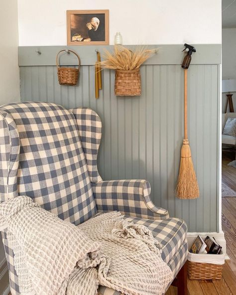 My Home Aesthetic, Shaker Style Home, Shiplap Mudroom, Blue Beadboard, Beadboard Wall, Vertical Shiplap, Happy Friday Friends, Wingback Armchair, Cottage Living Rooms