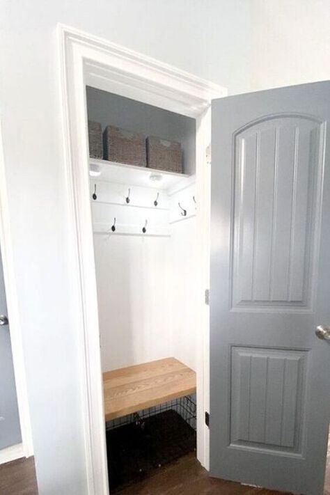 Small Entryway Closet, Closet Makeover Small, Wire Pantry Shelves, Coat Closet Makeover, Coat Closet Ideas, Small Coat Closet, Bane Of My Existence, Front Closet, Mudroom Closet