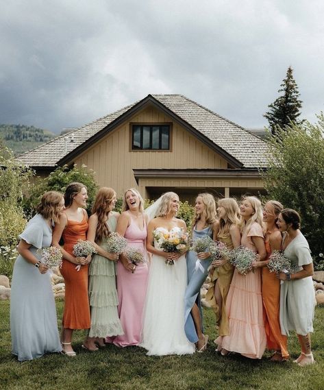 Spring Garden Wedding Bridal Party, Multicolored Bridesmaids Dresses Boho, Mismatched Bridesmaid Dresses Wildflower, Neutral Colorful Wedding, Bridesmaid Dresses Wildflower Wedding, Bridesmaids All Different Colors, Different Bridesmaid Dresses Mix Match Color Palettes, Colorful Bridesmaid Dresses Summer, Pastel Rainbow Bridesmaids