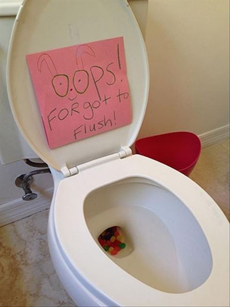 Easter Bunny prank! Put jelly beans in the toilet - kids love this! Except make the note say that the Easter Bunny didn't want to wake anyone by flushing. I'd probably fish out the jelly beans though, so as not to clog the toilet. Funny Easter, The Easter Bunny, April Fools Day, Easter Time, Easter Activities, Spring Holidays, Hoppy Easter, April Fools, Easter Treats