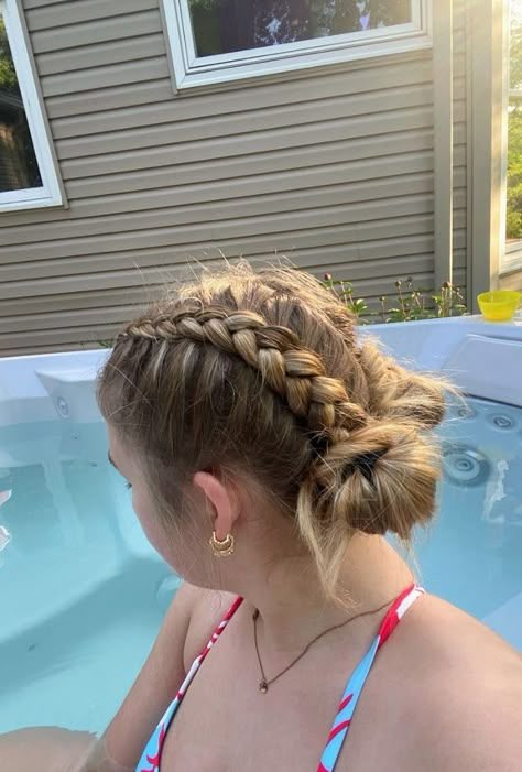 "The Ultimate Cool Brown & Cherry Red Hair Transformation" Hair Braided Back Into A Bun, French Braids Into Space Buns, Hairstyles Ideas Medium Hair, Simple Braid Bun, Cool Hairstyles Braids, Dutch Braid Bun Hairstyles, Braid Into Two Buns, Double Braid Bun, Braid To Ponytail Hairstyles