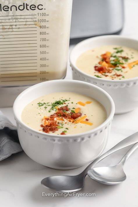 Cheesy Potato Soup (Blender) Potato Soup Vitamix Recipes, Pureed Potato Soup, Blended Potato Soup, Vitamix Potato Soup Recipes, Vitamix Potato Soup, Crock Pot Butternut Squash, Blender Soup Recipes, Crockpot Butternut Squash Soup, Instant Pot Gumbo Recipe