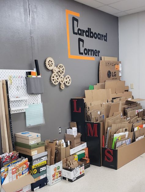 STEAM Room Storage Art Classroom Layout, Steam Classroom, Cardboard Storage, Stem Classroom, Maker Space, Classroom Layout, Studio Organization, Cardboard Art, Steam Room