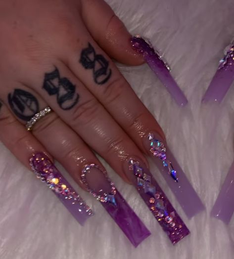 Purple Acrylic Nails With Charms, Purple Gummy Bear Nails, Gummy Bear Nails, Libra Birthday Nails Design Long, Purple Xxl Nails, Extravagant Purple Nails, Purple French Tip, Libra Aesthetic, French Fade Nails