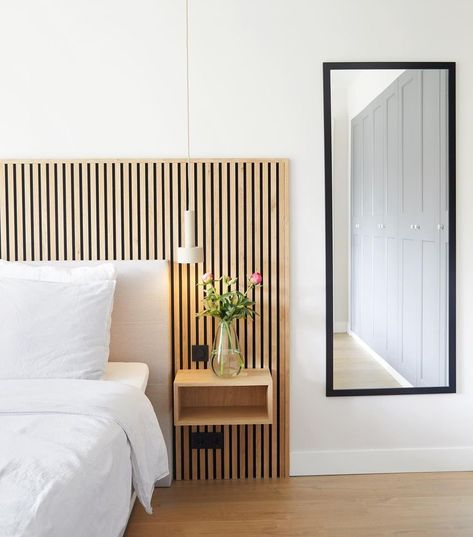 Wood Slat Headboard, Slat Headboard, Beautiful Bed Designs, Headboard Ideas, Wood Slat Wall, Deco Luminaire, Slatted Headboard, Accent Wall Bedroom, Wood Headboard