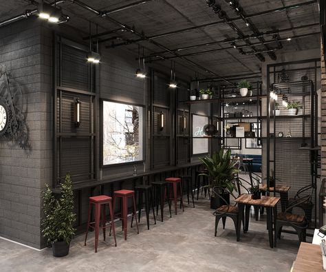 Industrial Design Restaurant Interiors, Industrial Design Cafe, Black Cafe Interior, Industrial Design Interior Cafe, Modern Industrial Restaurant, Retro Cafe Design, Industrial Cafe Interior Design, Industrial Cafeteria, Industrial Coffee Shop Design