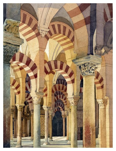 Watercolor by Victor Beltran. Mesquita de Cordoba, Spain. Spain Painting, Spain Art, Cordoba Spain, Watercolor Architecture, Architecture Design Drawing, Art Apps, Historical Painting, Architecture Painting, Ancient Egyptian Art