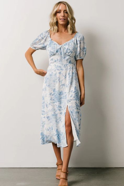 Toile Dress, Engagement Photo Dress, Floral Bridesmaid Dresses, Midi Dress Blue, Baltic Born, Blue Summer Dresses, Shower Dresses, Blue And White Dress, White Floral Dress