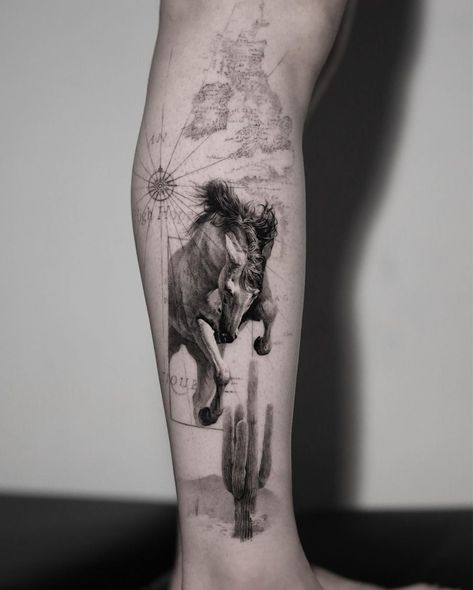 Indian Horse Tattoo, Dragon Tattoo Leg, Desert Tattoo, Geometric Tattoo Sleeve Designs, Trippy Tattoo, Horse Tattoo Design, Shadow Tattoo, American Traditional Tattoo Ideas, Traditional Tattoo Ideas