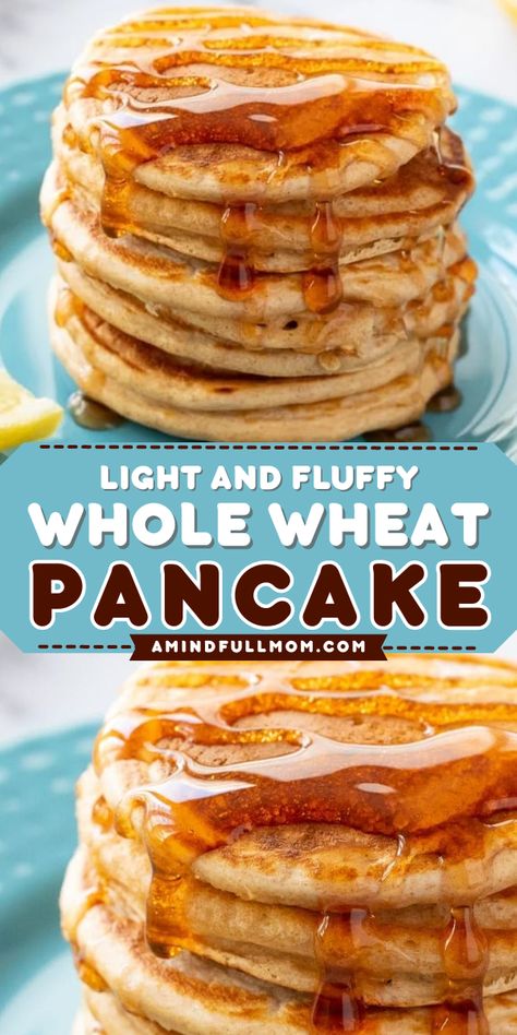 Add these Whole Wheat Pancakes to your Mother's Day brunch ideas! These homemade pancakes are made with 100% whole wheat flour. They are light, fluffy, tender, and delicious. Pin this simple brunch recipe! Whole Wheat Pancake Recipe, Wheat Pancake Recipe, Simple Brunch, Whole Wheat Pancakes, Delicious Pancakes, Wheat Pancakes, Kids Breakfast, Mom Recipes, Real Foods