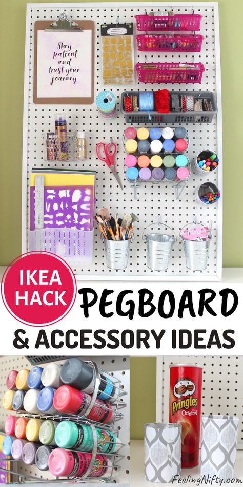 DIY Pegboard for Craft Room with Dollar store accessories - IKEA HACK. Get some cheap, simple  & creative Pegboard organizing ideas using Dollarstore pegboard organizers, wire baskets and accessories. Also learn where to buy pegboard hooks from.  This peg board can be used for classroom (kids supplies), paint storage, in the garage, for tools, in the kitchen, art studio, in the closet for jewellery displays, etc. Follow along with the tutorials to find out how to make this framed pegboard. Pegboard Ikea, Pegboard Craft Room, Diy Pegboard, Ikea Frame, Pegboard Organization, Craft Storage Organization, Pegboard Accessories, Dream Craft Room, Craft Room Design