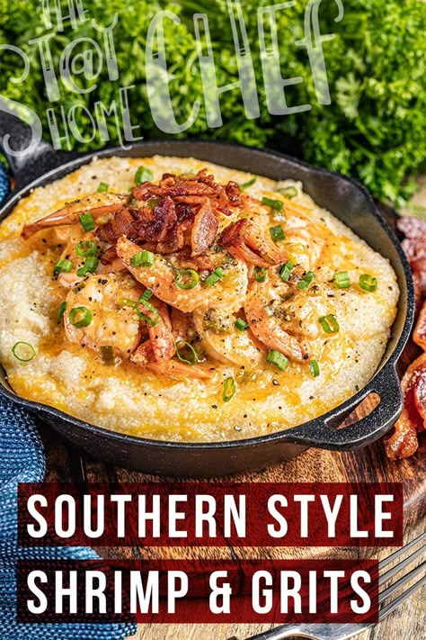 This image contains: A skillet of southern style shrimp and grits with fresh ingredients on the side Best Shrimp And Grits Recipe, Easy Shrimp And Grits, Southern Shrimp And Grits, Shrimp N Grits Recipe, Cheesy Grits, Grits Recipe, Seafood Gumbo, Southern Recipes Soul Food, Shrimp And Grits