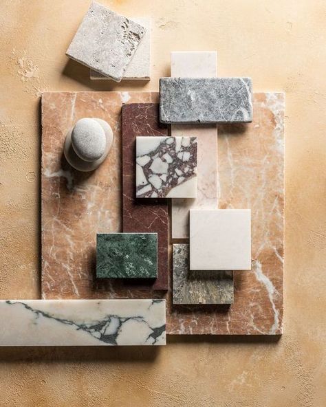 Tile Flat Lay, Dark Travertine, Tumbled Marble Tile, Warehouse Project, Marble Aesthetic, Viola Marble, Mandarin Stone, Arabescato Marble, Quartz Worktops