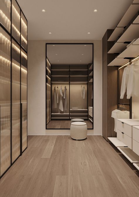 Wood Luxury Interior, Modern Organic Walk In Closet, Neutral Walk In Closet, Organic Modern Closet, Interior Design Wood Modern, Modern Luxury Home Interior Design, Closet Design Modern, House Interior Wood, Walk In Closet Modern