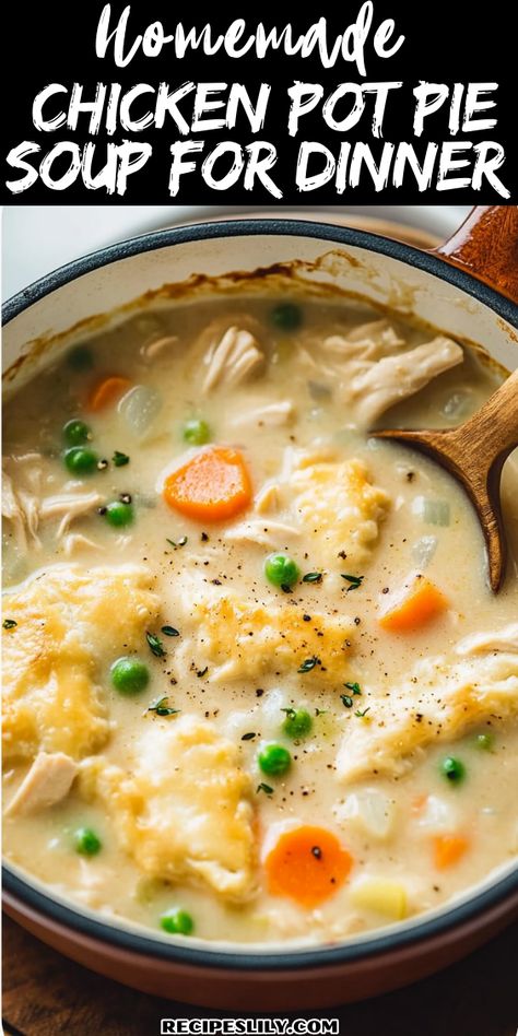 Warm up with a bowl of Chicken Pot Pie Soup, featuring tender chicken, hearty potatoes, and fresh veggies in a creamy base. A family favorite! Chicken Pot Pie Soup Slow Cooker, Chicken Pie Soup Crock Pot, Chicken Pot Pie In A Crockpot, Ham Pot Pie Soup, Chicken Pot Pie Soup Potbelly, Creamy Chicken Pot Pie Soup Crockpot, Gluten Free Chicken Pot Pie Soup, Easy To Make Soup Recipes, Homemade Chicken Pot Pie Soup