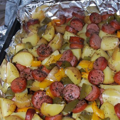 Sausage & Potato Bake @keyingredient Smoked Sausage And Potato Bake, Sausage And Potato Bake, Smoked Sausage Recipes, Sausage Dishes, Potato Bake, Sausage Potatoes, Diner Recept, Tin Foil, Smoked Sausage