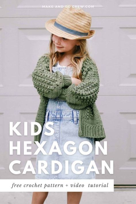 Crochet your kiddo a Mini Mezzo Cardigan from two puff stitch hexagons, and then make yourself one using the free adult pattern. Lightweight and adorable!.#CrochetSweaterLove #HandmadeKnits #CozyWinterWear #DIYFashion #YarnAddict Crochet Sweater For Kids, Pumpkin Hat Pattern, Make And Do Crew, Kids Cardigans, Handmade Sweater, Cardigan Crochet, Puff Stitch, Winter Pullover, Crochet Creations