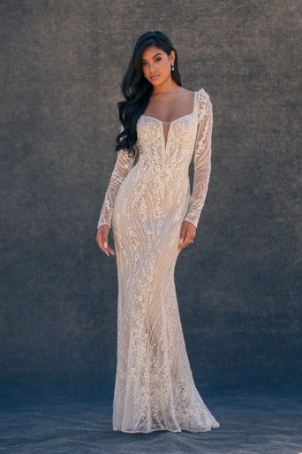 C730 Allure Bridal Couture, Lace Long Gown, Illusion Sleeves, Modest Bridal Gowns, Allure Couture, Modest Bridal, Mountain Backdrop, Wedding Dress Silhouette, Iconic Weddings