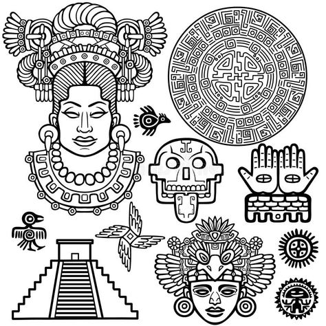 Mexico Tattoo, Art Chicano, Aztec Artwork, Aztec Symbols, Mayan Tattoos, Mexican Art Tattoos, Navajo Art, Aztec Tattoo Designs, Mayan Symbols