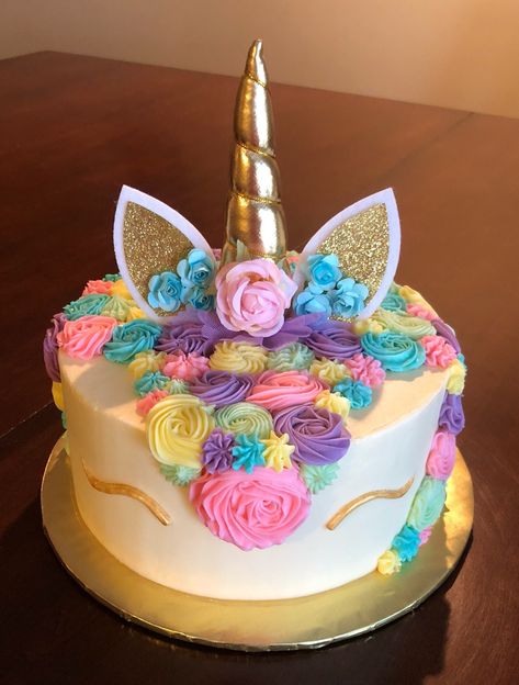 This birthday celebration called for a colorful unicorn cake! It’s a double layer 8” white cake with buttercream frosting and gold, fondant eyes. The customer provided the adorable glittery, gold ears/horn combination. Taste and see that the Lord is good! It was Cristin’s pleasure to serve you! Unicorn Cake One Layer, Fondant Eyes, Cakes Unicorn, Cupcake Wrappers Wedding, Gold Fondant, Cake With Buttercream Frosting, Cake With Buttercream, Cheap Clean Eating, Kid Cupcakes