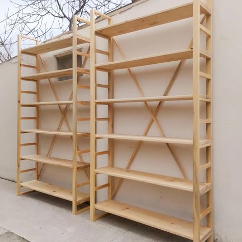 Wooden Shelving Unit, Diy Open Bookshelf, Wooden Racks Shelves, Bohemian Shelves, Book Shelves Ideas, Bookshelf Tv Stand, Homemade Bookshelves, Home Library Office, Bookshelf Tv