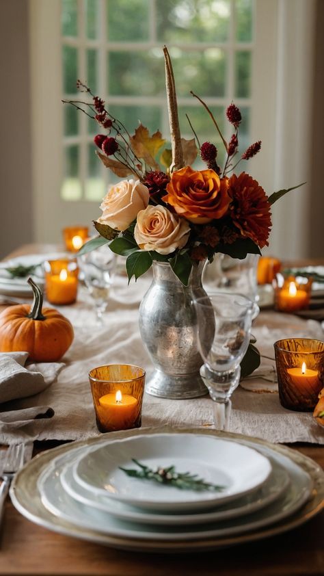 Discover stunning fall table settings for your autumn wedding rustic and elegant with up ideas for decorating your round table Get inspired by dollar tree autumn dinner ideas in your beautiful and casual dining room Dining Room Round Table Decor Ideas, Round Table Fall Centerpieces, Fall Round Table Centerpieces, Round Table Setting Ideas Wedding, Autumn Dinner Ideas, Autumn Table Settings, Autumn Table Setting, Round Table Settings, Round Table Centerpieces