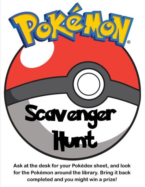 Pokemon Scavenger Hunt in the library! (scheduled via http://www.tailwindapp.com?utm_source=pinterest&utm_medium=twpin&utm_content=post91247033&utm_campaign=scheduler_attribution) Pokemon Scavenger Hunt, Pokémon Party, Library Games, Library Programming, Teen Library, Halloween Scavenger Hunt, Pokemon Craft, Pokemon Birthday Party, Elementary Library