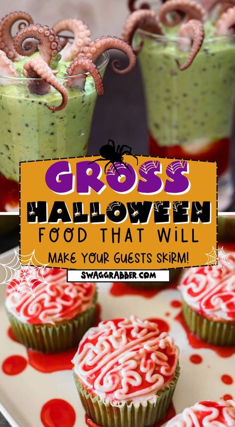 Looking for some inspiration for your next gross party food idea? Look no further! In this video, we share some of the best (and grossest) party food ideas that are sure to get your guests talking. From realistic brain cakes to Q-tips, we've got you covered! Spooky Halloween Foods For Party, Halloween Party Food Scary, Gory Halloween Party Food Ideas, Scary Fruit For Halloween, Graveyard Themed Food, Monster Themed Snacks, Scary Halloween Finger Foods, Halloween Food Scary Gross, Unique Halloween Food Ideas