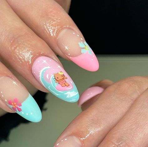 Claudia Brooks🍓✿°• on Instagram: "Hello Kitty Vacay nails 🌸🌊🫧✨ • • • • • • #hellokitty #tanhellokitty #hawaiianhellokitty #mattenails #handpainted #handpaintednails #summernails #trendynails #cutenails #nailinspo #sculptednails #acrylicnails #okcnails #okcnailartist" Hawaii Hello Kitty Nails, Hello Kitty Almond Nails, Vacay Nails, Nail Journey, Hawaii Nails, Hello Kitty Nails Art, Pedi Ideas, Kitty Nails, Happy Sunshine