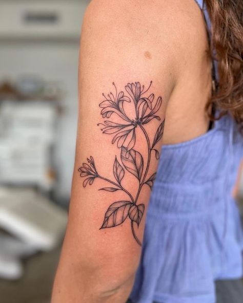 Honeysuckle Tattoo Design, Rose And Honeysuckle Tattoo, Sleeve Tattoo Black Women, Female Sleeve Tattoo Black Women, Tattoo Black Women, 25 Tattoo, Honeysuckle Tattoo, Female Sleeve Tattoo, Thistle Tattoo