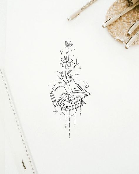 Fantasy Reading Tattoo, Love Of Reading Tattoo, Tattoos For Fantasy Book Lovers, Booktok Inspired Tattoos, Small Bookish Tattoo Ideas, Fantasy Reader Tattoo, Black And White Book Tattoo, Book Lover Tattoo Ideas Small, Book Reading Tattoo