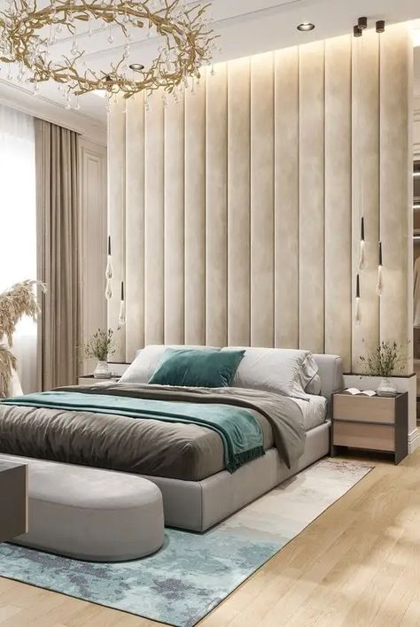 Beautiful Bed Designs, Upholstered Wall Panels, Wall Panels Bedroom, Upholstered Walls, Masculine Bedroom, Luxury Bedroom Design, Bed Design Modern, Headboard Wall, Gorgeous Bedrooms