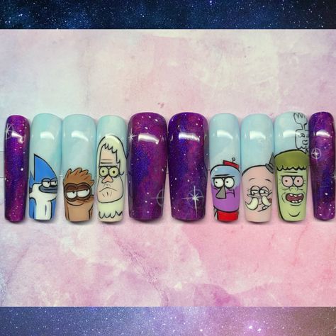 Regular Show Nails, Video Game Nails, Adventure Time Nails, Oval Nails Designs, Galaxy Nail Art, Custom Nails, Goth Nails, Regular Show, Disney Nails