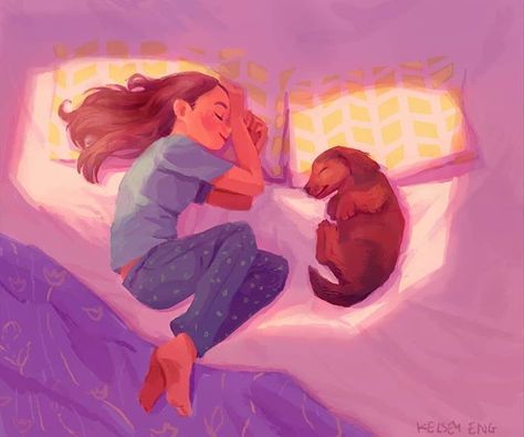 Bed buddies - Illustration inspiration #illustration A Girl And Her Dog, Girl And Her Dog, Me And My Dog, Art Africain, Fete Anime, Dreamy Art, Girl And Dog, Girls Cartoon Art, Girly Art