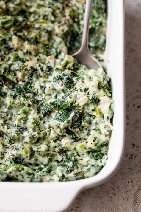 An easy creamed spinach recipe made with a creamy blend of spinach, shallots, parmesan cheese, and Boursin Light for a rich and flavorful side dish. #spinach #creamedspinach Healthy Creamed Spinach, Easy Creamed Spinach, Creamed Spinach Recipe Easy, Spinach Casserole Recipes, Boursin Recipes, Spinach Souffle, Spinach Healthy, Creamed Spinach Recipe, Spinach Casserole