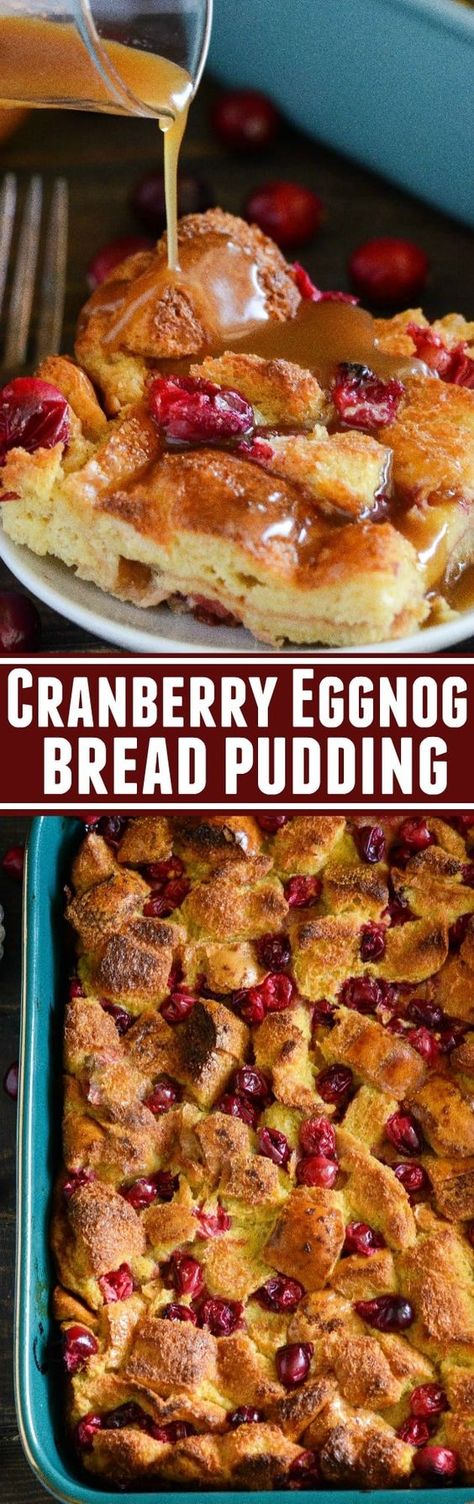 Cranberry Eggnog Bread Pudding sponsored by Handsome Farm Eggs: kick off the holidays with this rich bread pudding with cranberries, eggnog, cinnamon and a generous pour of buttery rum sauce! Mimosa Christmas, Vanilla Sauce Recipe, Eggnog Cinnamon Rolls, Eggnog Custard, Cinnamon Roll Bread Pudding, Eggnog Bread Pudding, Bread Pudding With Vanilla Sauce, Eggnog Bread, Rum Sauce